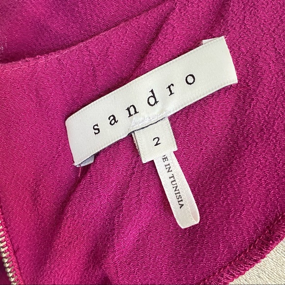 Sandro ribambelle pink purple pleated scoop neck short sleeve peplum midi dress - Picture 4 of 8